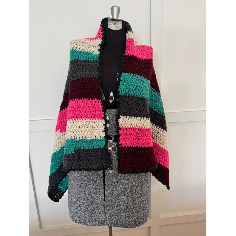 Hand Crocheted Shawl Large Eclectic Grandma Multicolor Striped Cabincore 46x22